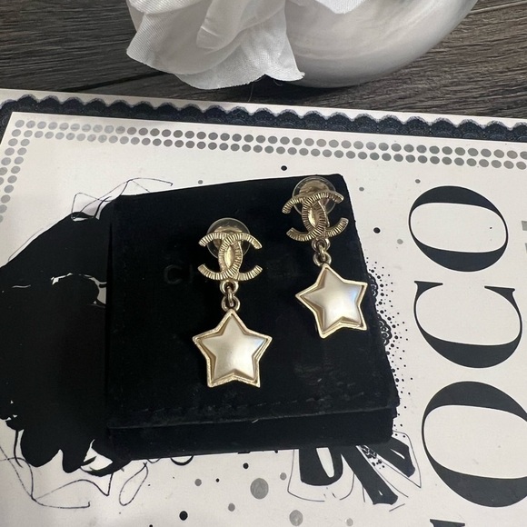 CHANEL Gold CC Star Dangle Clip On Earrings